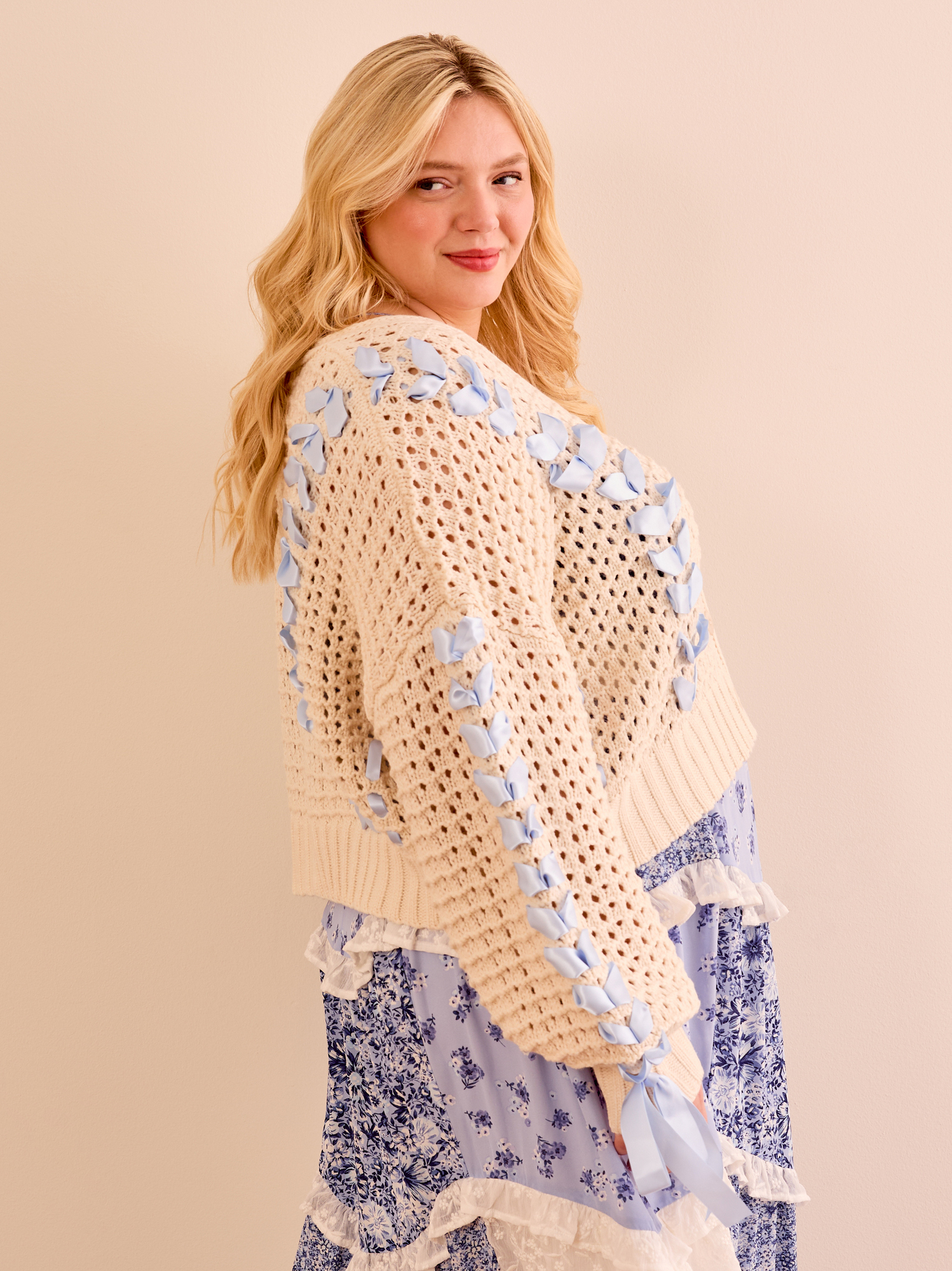 Brandy Ribbon Cardigan in Ivory & Blue | Arula
