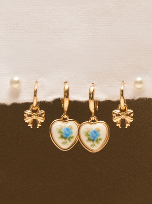 Flower Heart Mini Hoop Earring Set - ARULA - 