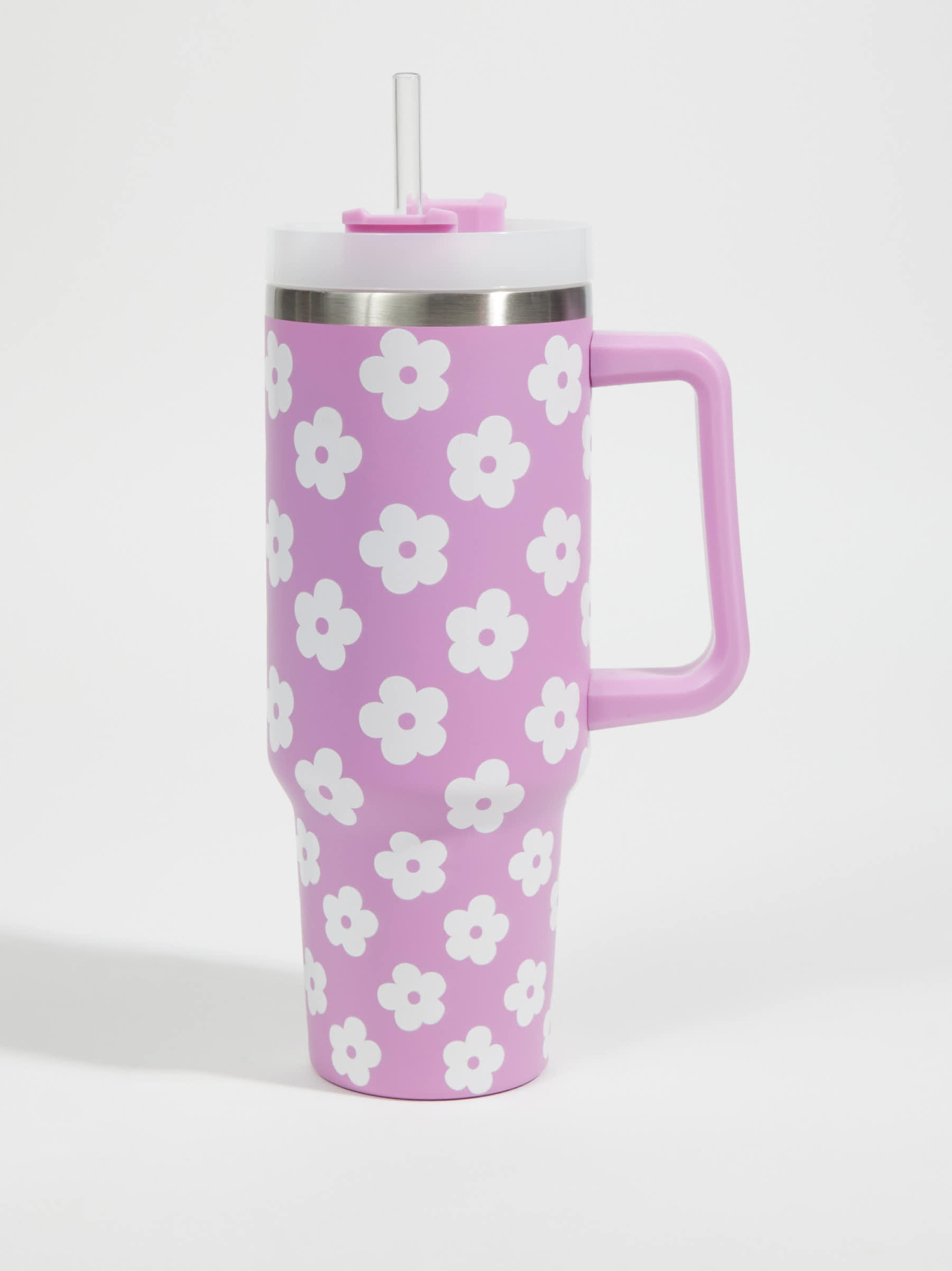 40oz Pink Floral Tumbler With Handle And Straw Lid Insulated