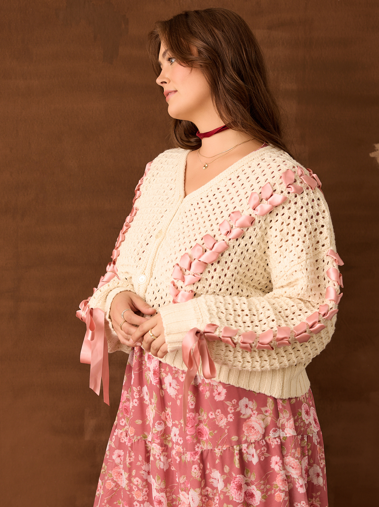 Brandy Ribbon Cardigan in Ivory & Pink | Arula