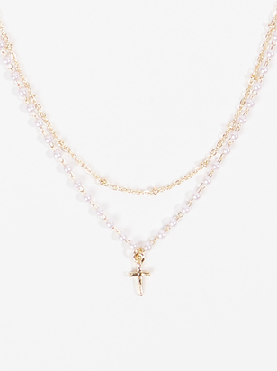 Layered Pearl Cross Necklace - ARULA