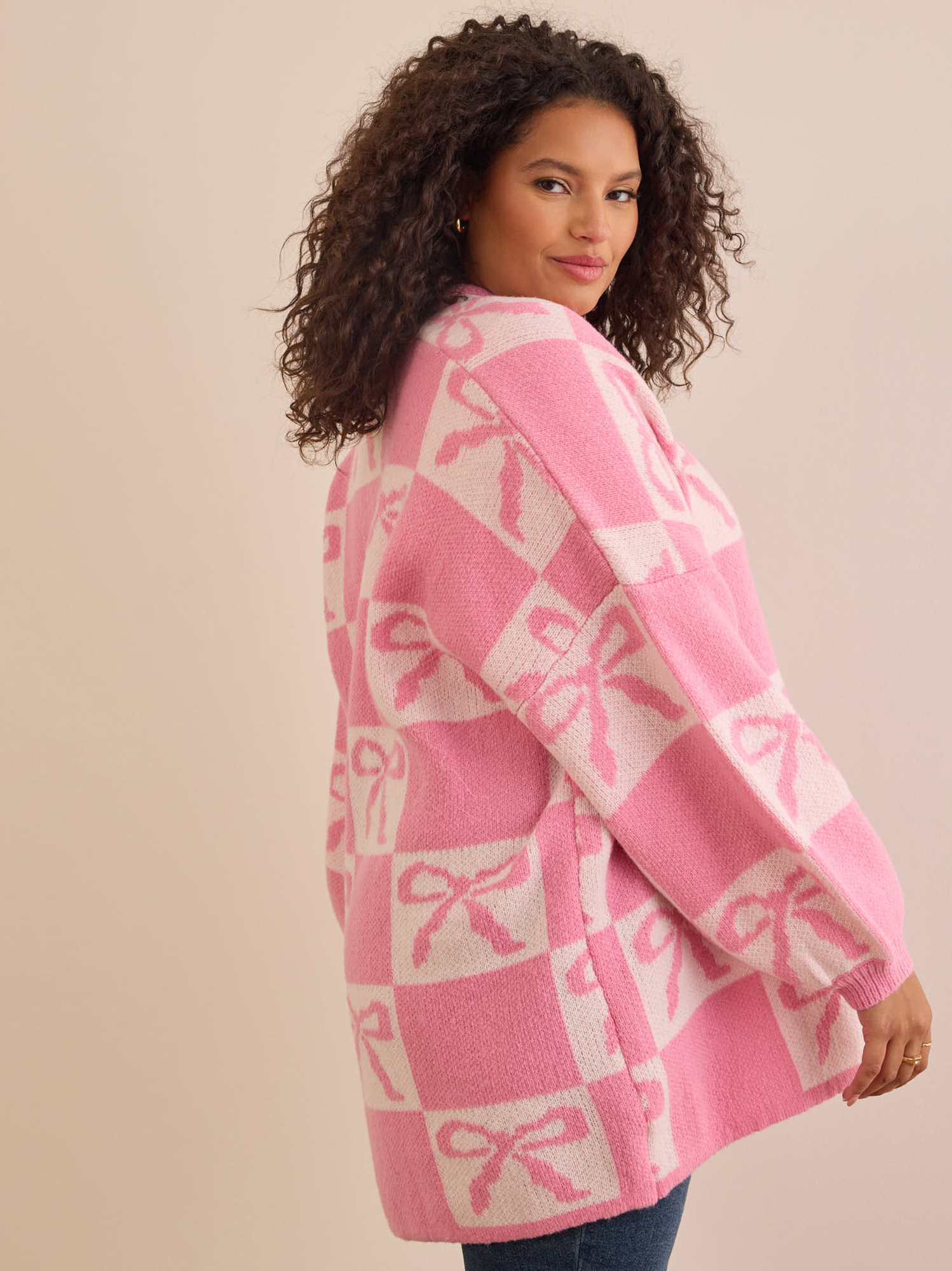 Bow Checkered Cardigan in Pink & Ivory | Arula