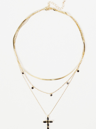Layered Gem Cross Pendant Necklace - ARULA