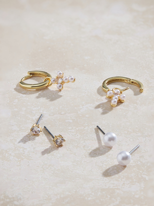 Mini Hoop Cross Pearl Earring Pack - ARULA - 