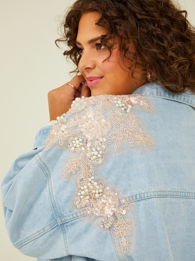 Shimmer Applique Denim Jacket Detail 6 - ARULA