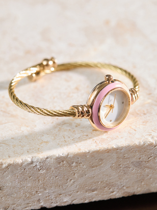 Pink Enamel Twisted Cuff Round Face Watch - ARULA