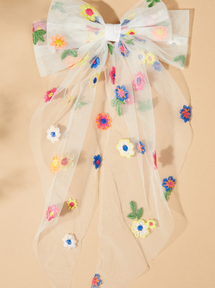 Tulle Embordered Floral Hair Bow - ARULA