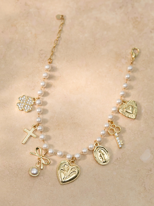 Pearl Heart Charm Dangles Bracelet - ARULA - 