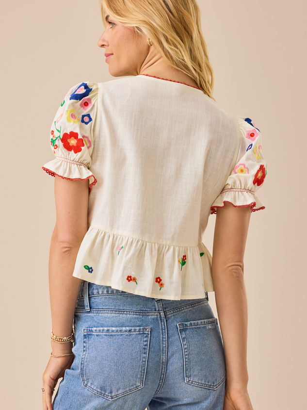 Rosalie Tie Front Embroidered Top Detail 6 - ARULA
