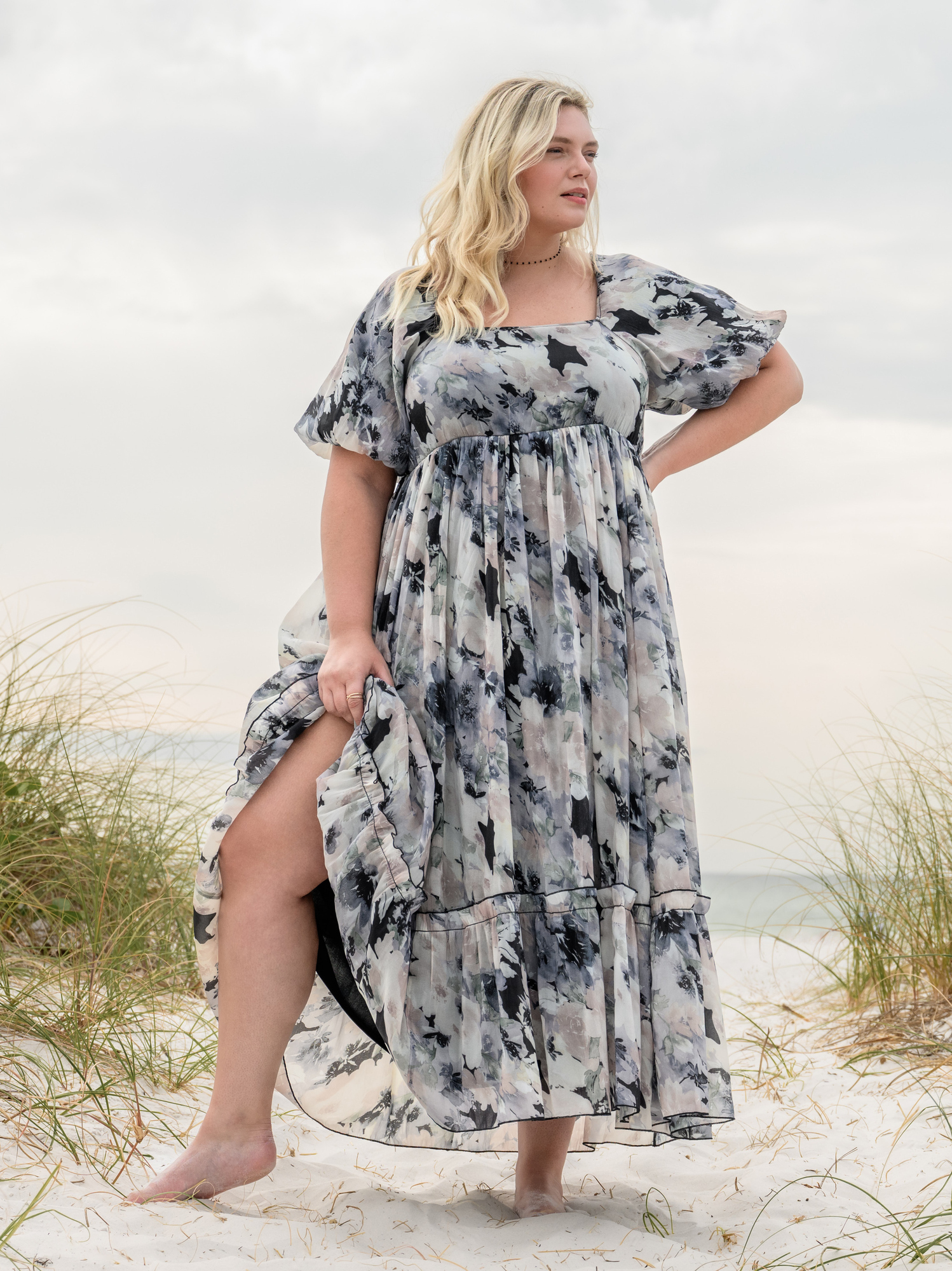 Layla light blue and rose gold floral print midi dress new arrivals
