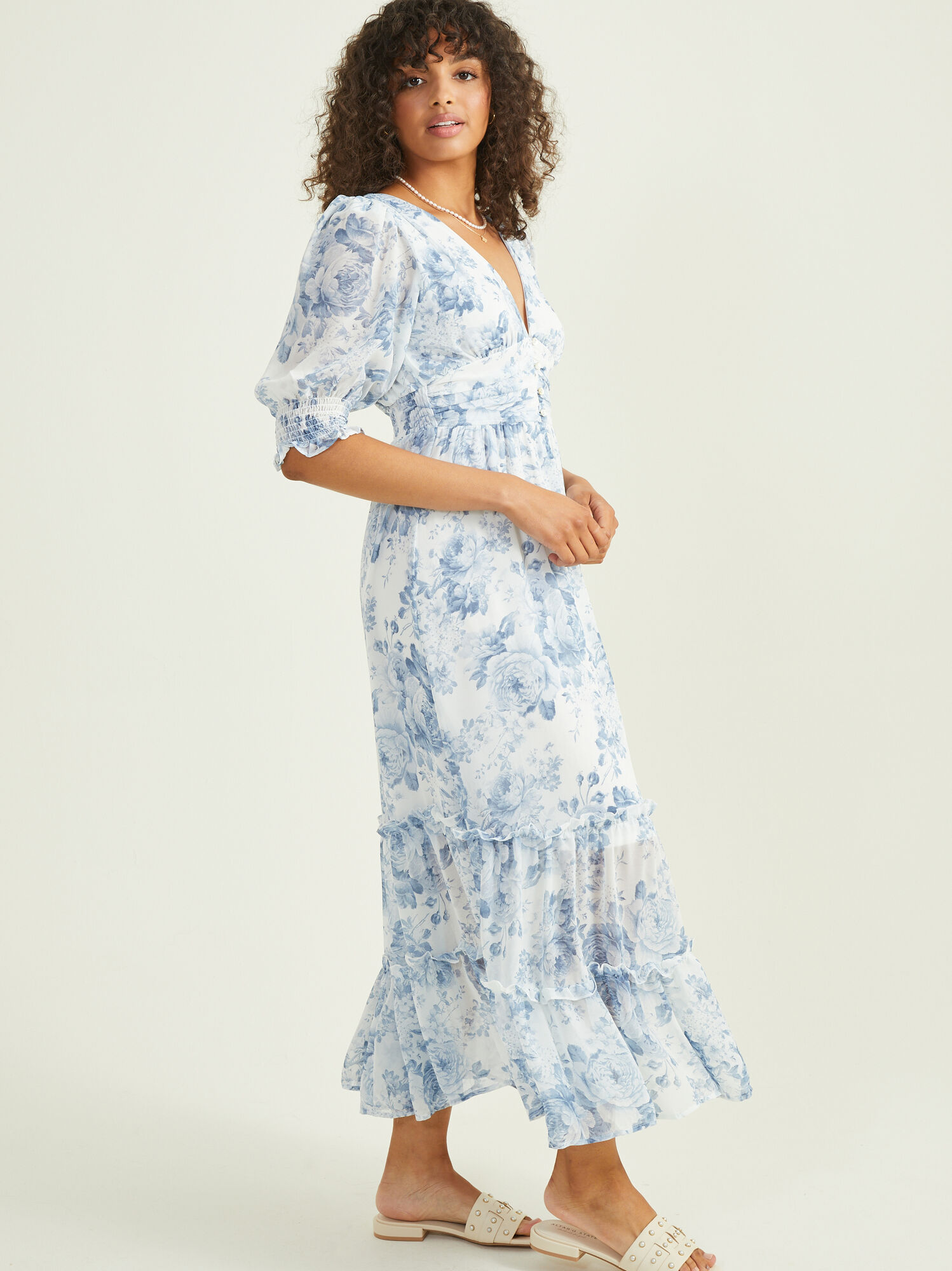 prediction Bald session Leo Floral Maxi Dress with Buttons in White & Blue | Altar'd State