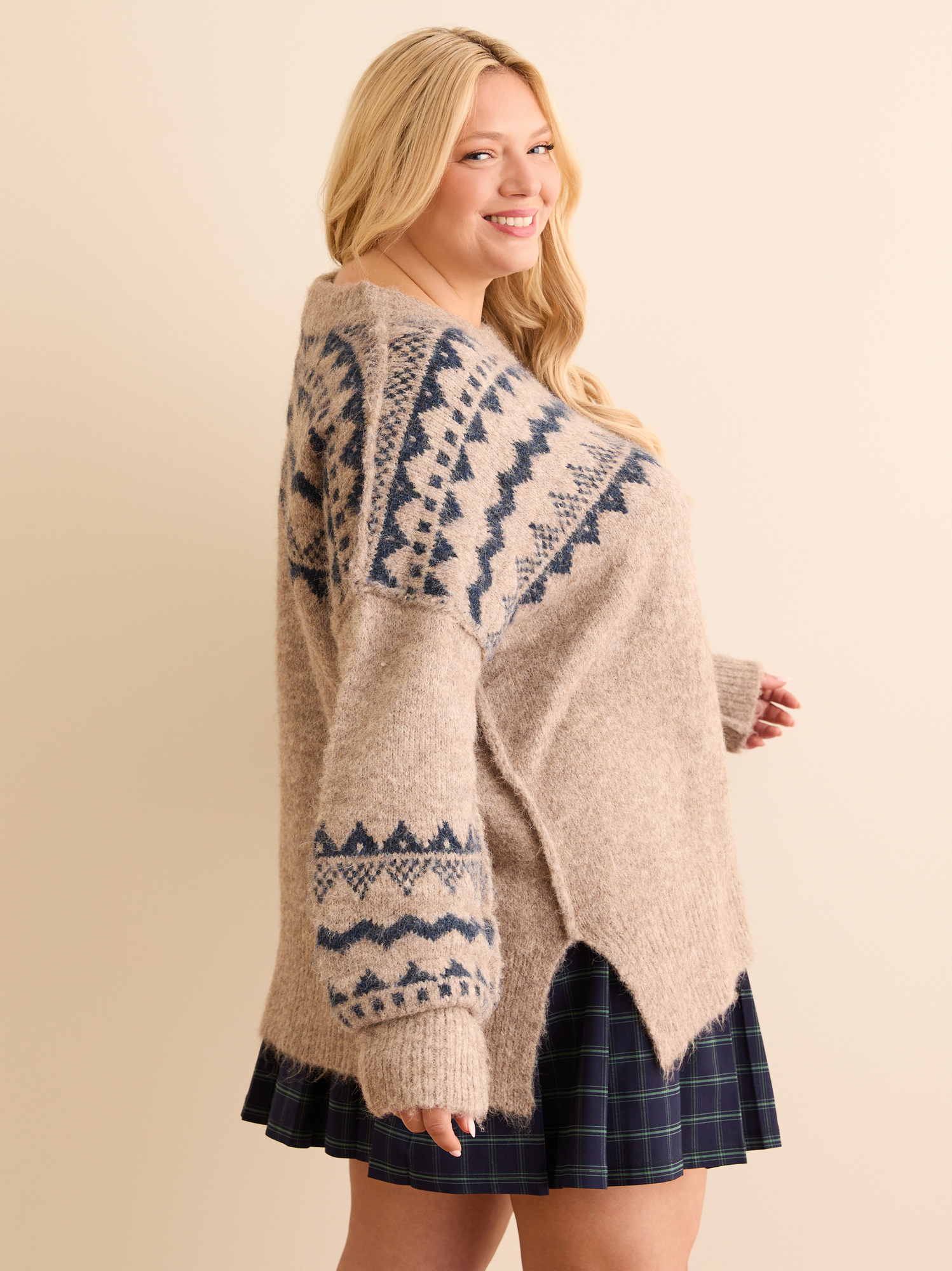 Blaise Fair Isle Knit Sweater in Taupe and Navy Arula