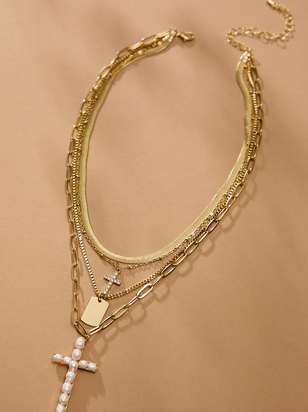 Cross and Dog Tag Gold Layered Necklace - ARULA - 
