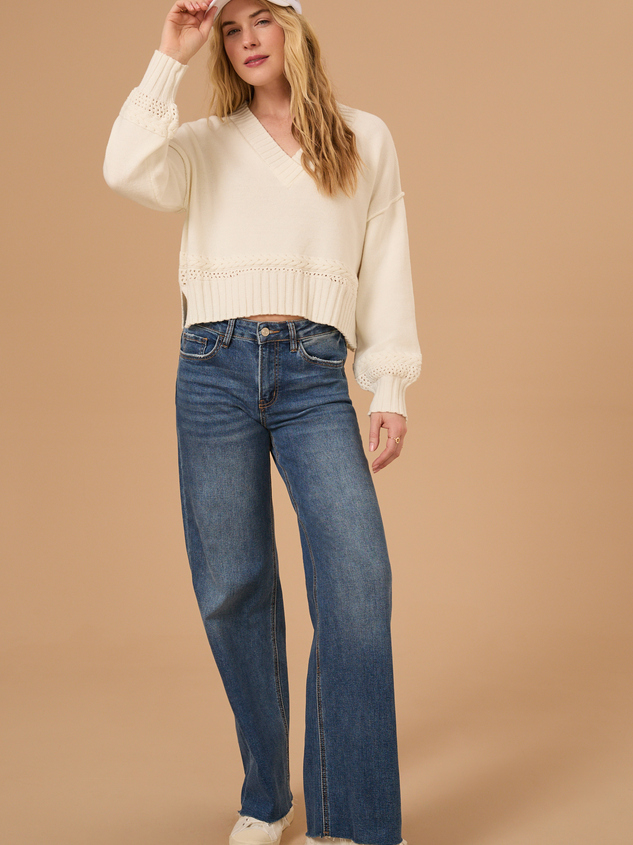 Payton Cable V-Neck Sweater Detail 2 - ARULA