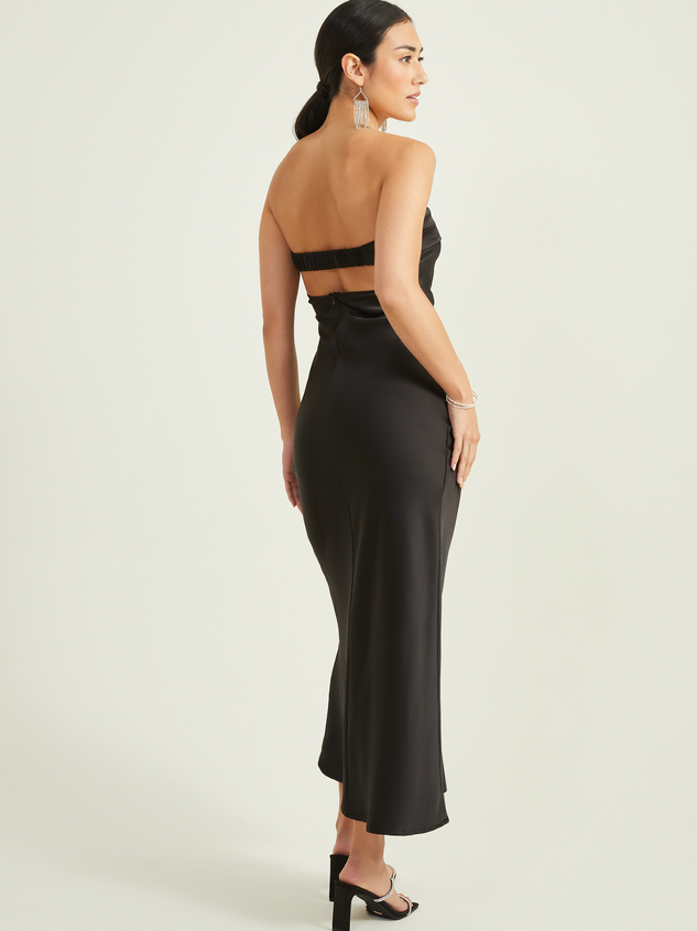Angelique Satin Strapless Fold Over Maxi Dress in Black | Altar'd State