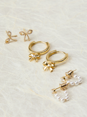 18K Gold Pearl Bow Earring Set - ARULA - 