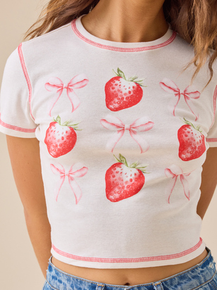 Bow and Strawberry Grid Graphic Tee - ARULA