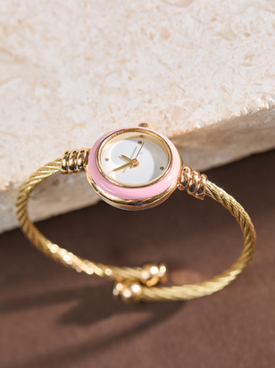 Pink Enamel Twisted Cuff Round Face Watch - ARULA - 