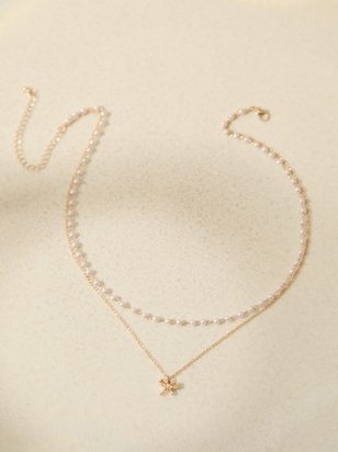 Bow Charm Pearl Layered Necklace - ARULA