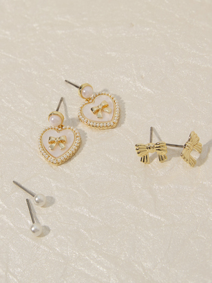 Pearl Heart Bow Earring Set - ARULA - 
