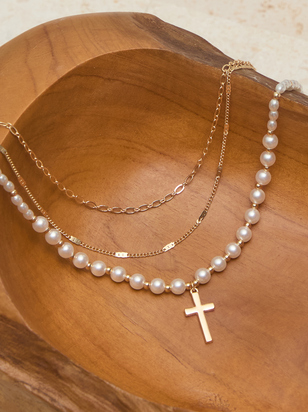 3 Layer Pearl Cross Charm Necklace - ARULA