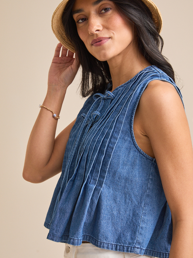 Braleigh Denim Pleated Top Detail 4 - ARULA