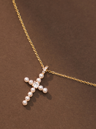 18K Gold Dipped Pearl Cross Charm Necklace - ARULA - 