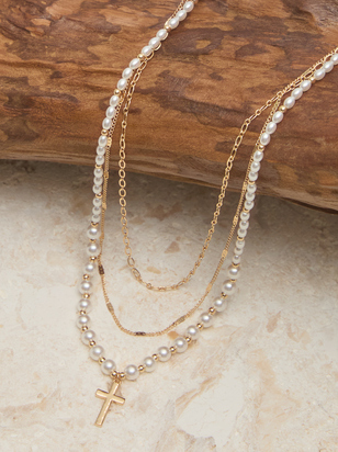 3 Layer Pearl Cross Charm Necklace - ARULA