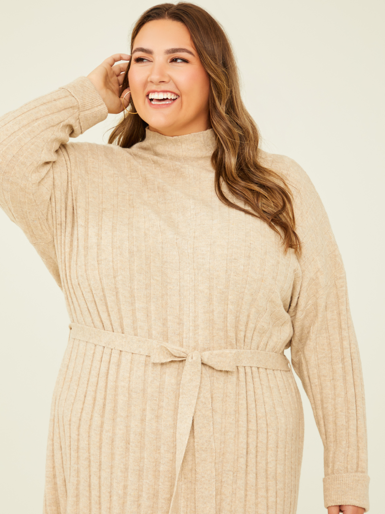 Adeline Belted Sweater Dress in Taupe Arula