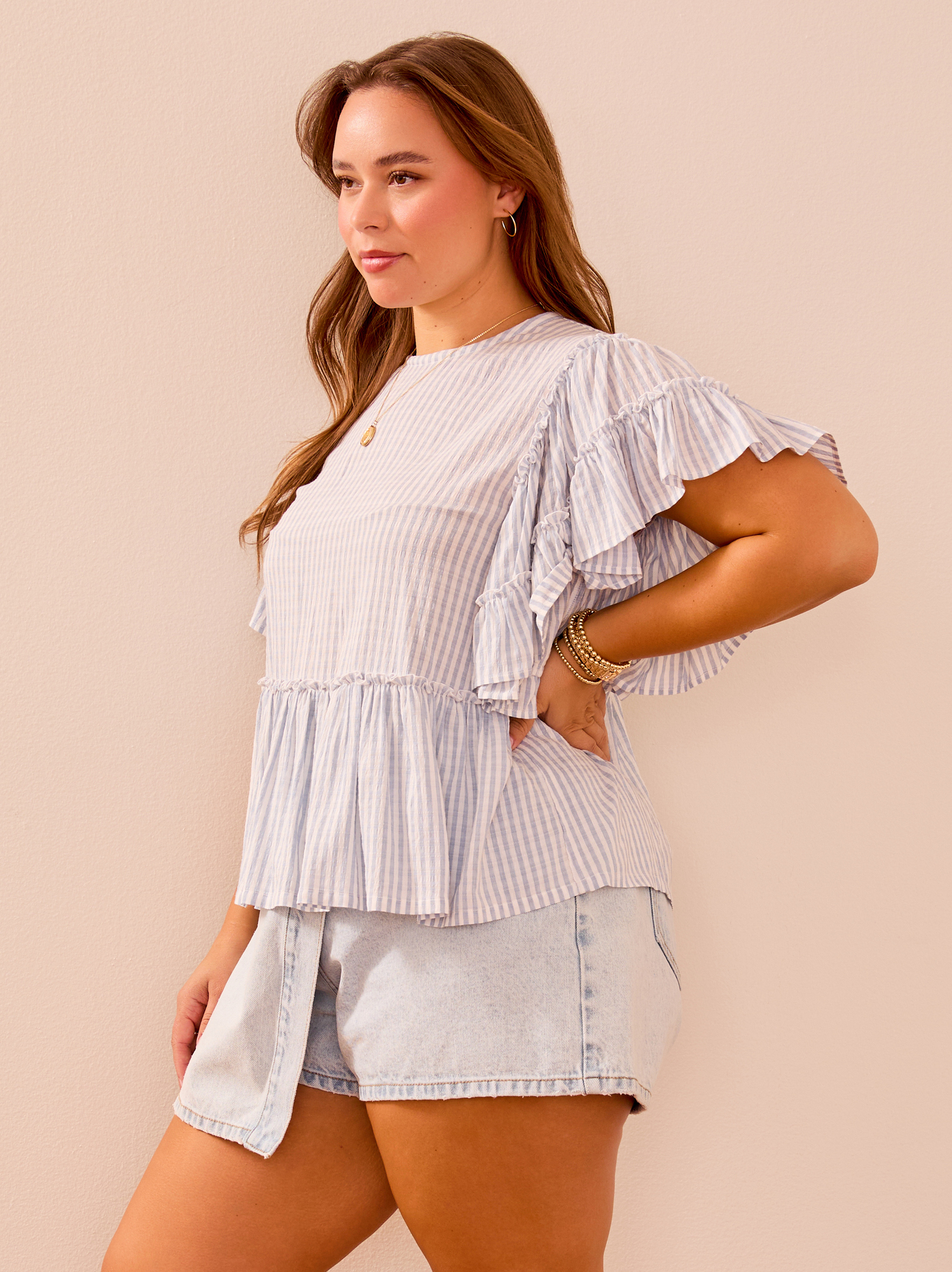 Delilah Striped Flutter Sleeve Top in Blue & White | Arula Delilah Striped Flutter Sleeve Top in Blue & White | Arula