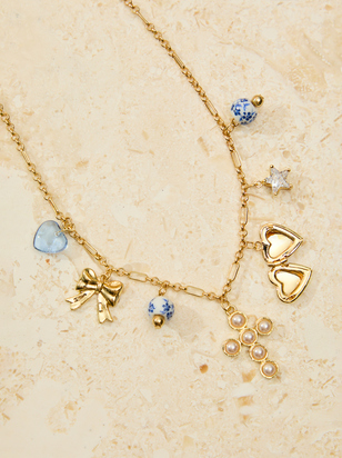 Cross Blue Bead Charm Necklace - ARULA
