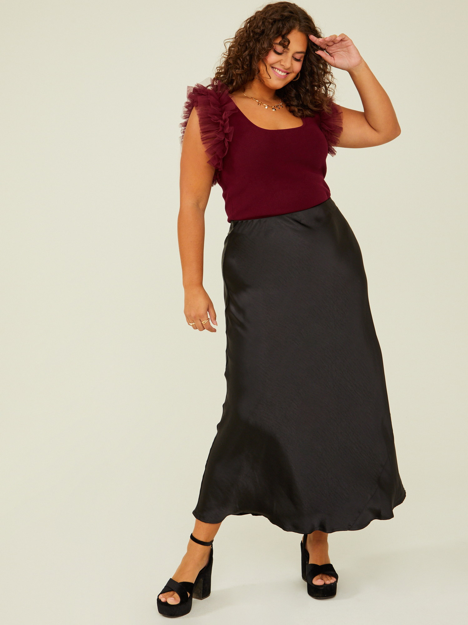 Black satin midi store skirt plus size