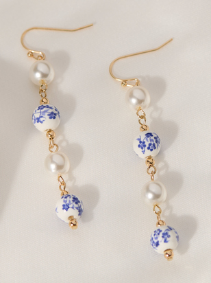 Painted Blue Bead Pearl Dangle Earrings - ARULA - 