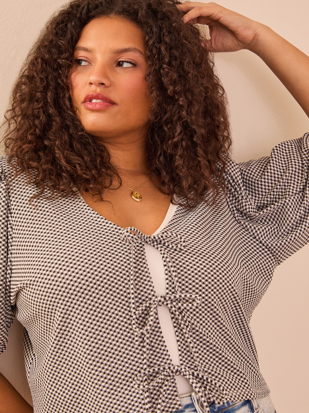 Peggy Gingham Tie Front Top Detail 3 - ARULA