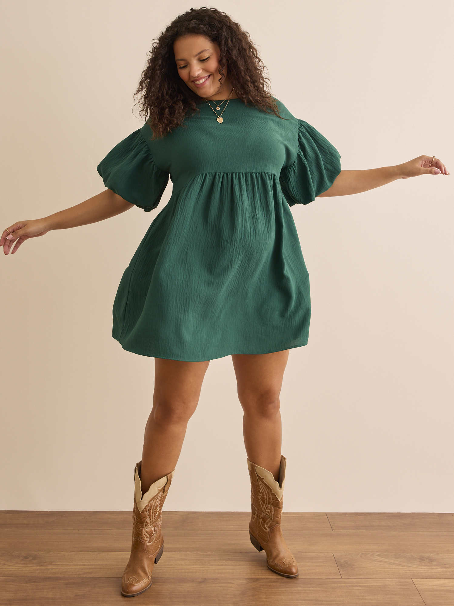 Scottie Puff Sleeve Mini Dress in Green Arula