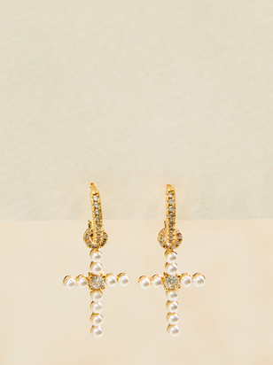 18K Gold Mini Hoop Cross Pearl Earrings - ARULA - 