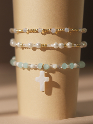 Blue Glass Bead Cross Bracelet Set - ARULA