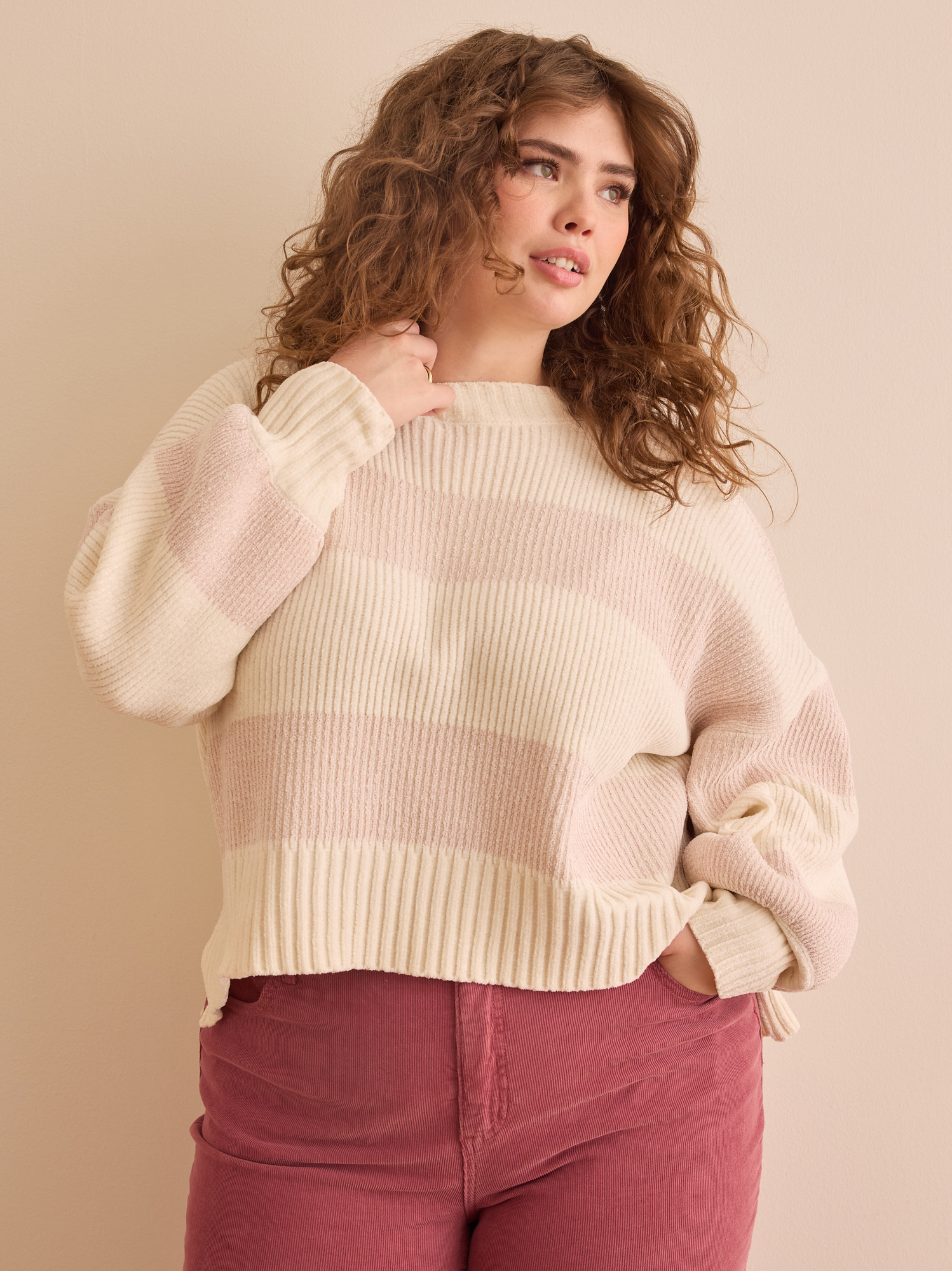 Rachel Stripe Chenille Sweater in Ivory Pink Arula