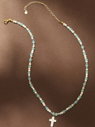 Blue Glass Bead Cross Necklace - ARULA