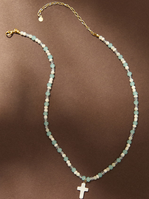 Blue Glass Bead Cross Necklace Detail 2 - ARULA