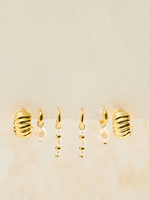 18K Gold Pearl Mini Hoop Earring Set - ARULA - 