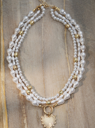 3 Layer Pearl Heart Charm Necklace - ARULA - 