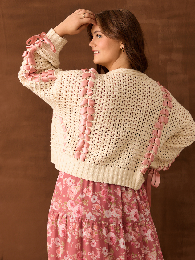 Brandy Ribbon Cardigan in Ivory Pink Arula