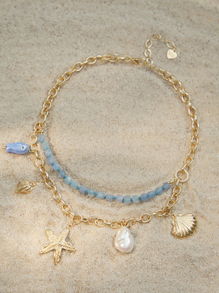 2 Layer Blue Bead Charm Necklace - ARULA
