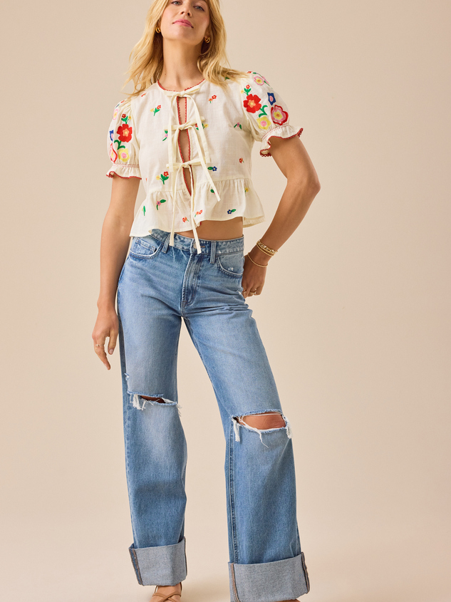Rosalie Tie Front Embroidered Top Detail 4 - ARULA