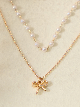 Bow Charm Pearl Layered Necklace - ARULA