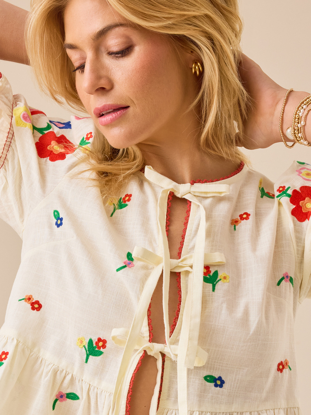 Rosalie Tie Front Embroidered Top Detail 3 - ARULA