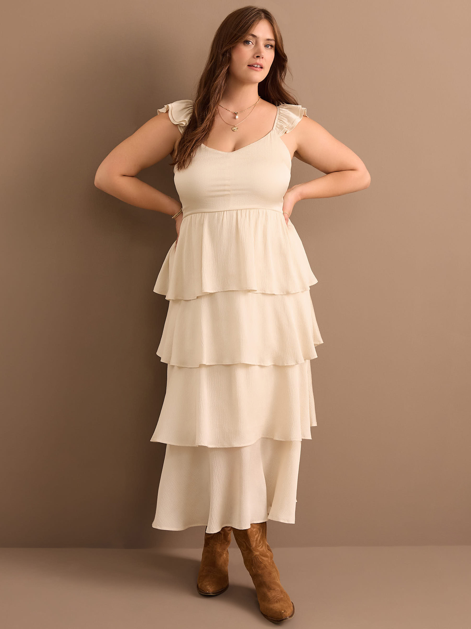 Roxanne Layered Ruffle Maxi Dress in Cream Arula