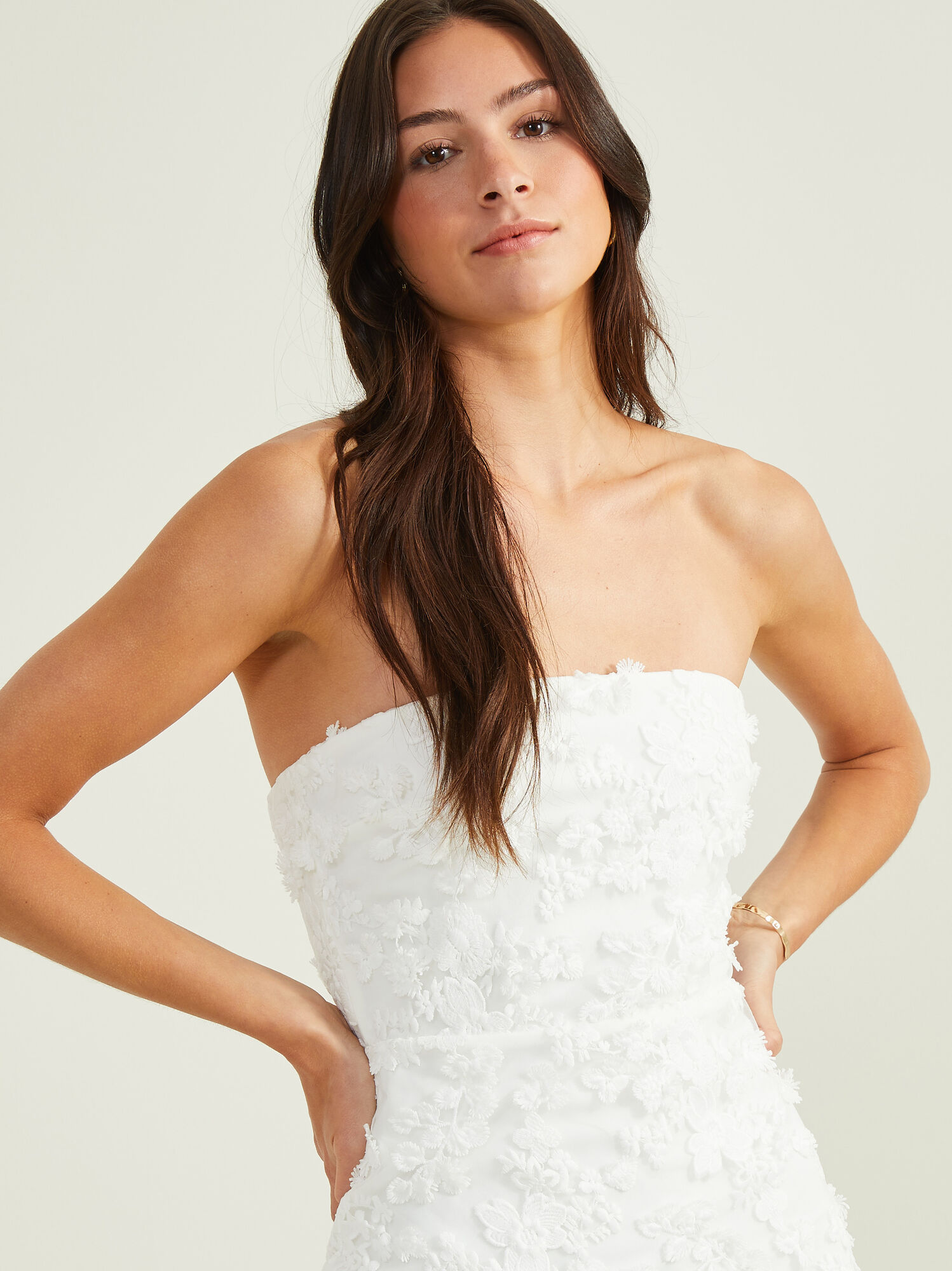 Adley Strapless Floral Embellished Mini Dress in White | Altar'd State