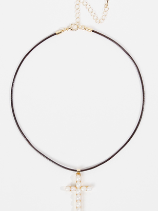 Pearl Cross Pendant Cord Choker Necklace - ARULA